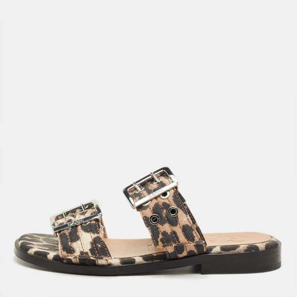 Ganni Brown Leopard Print Denim Feminine Buckle Sandals Size 38